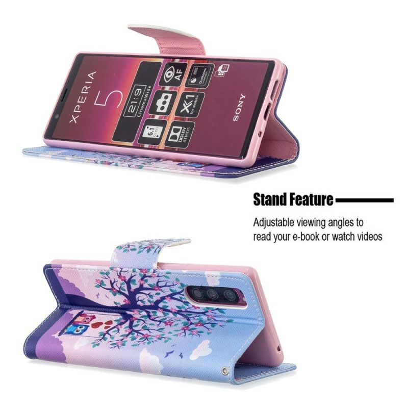 Leren Hoesje Sony Xperia 5 Telefoonhoesje Uilen Op De Schommel