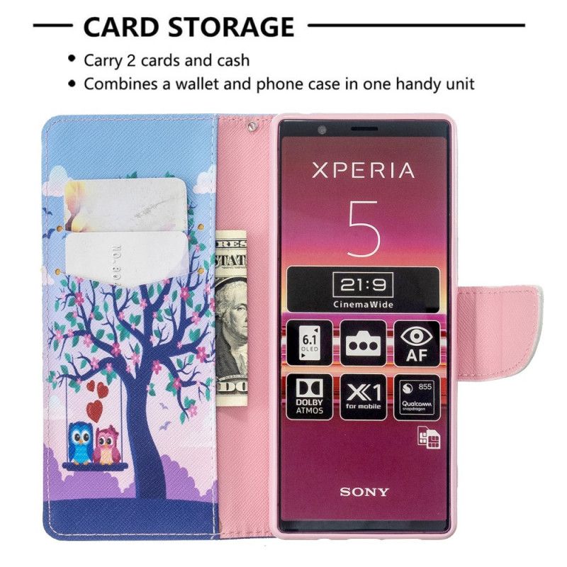 Leren Hoesje Sony Xperia 5 Telefoonhoesje Uilen Op De Schommel