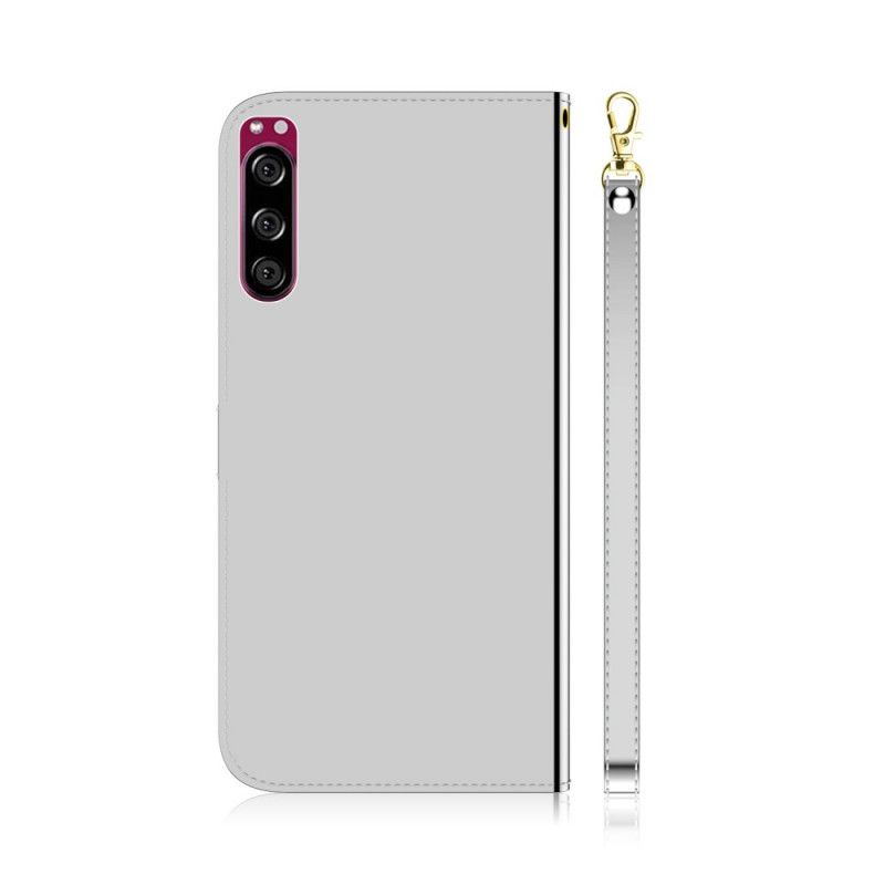 Leren Hoesje Sony Xperia 5 Wit Zwart Telefoonhoesje Kunstlederen Spiegelkap