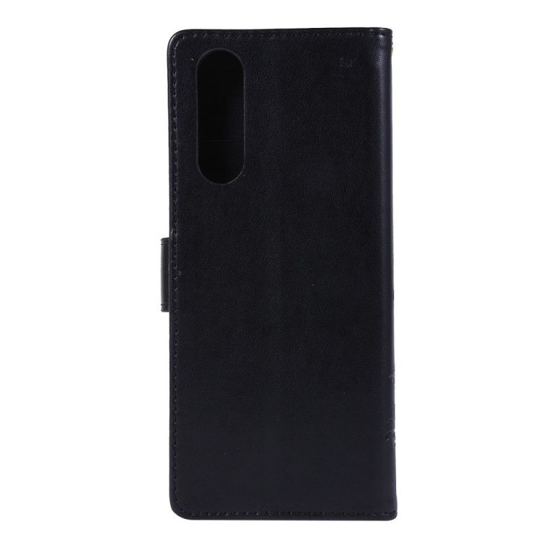 Leren Hoesje voor Sony Xperia 5 Grijs Zwart Vlinders En Bloemen