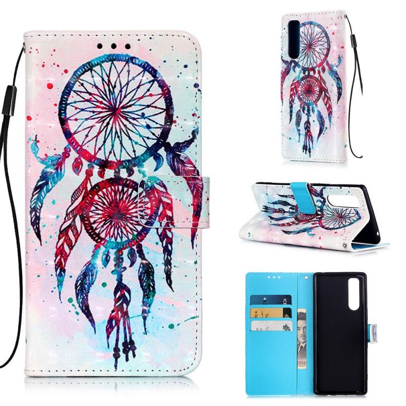 Leren Hoesje voor Sony Xperia 5 Lichtblauw Rood Aquarel Dromenvanger