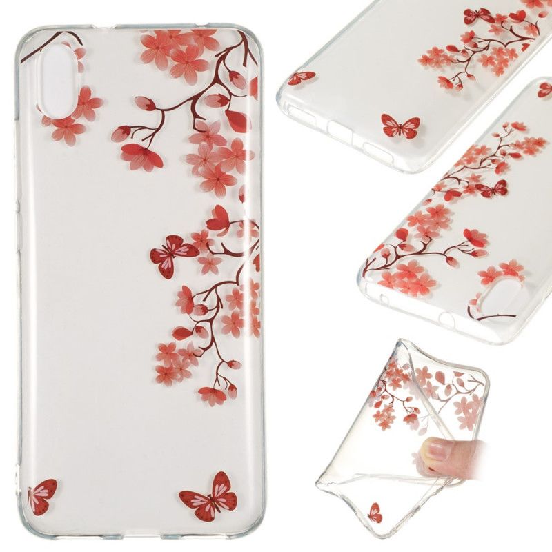 Cover Hoesje Xiaomi Redmi 7A Magenta Rood Telefoonhoesje Transparant Bloeiende Boom