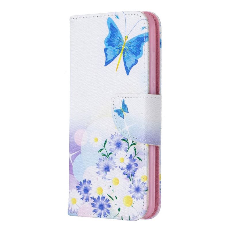 Leren Hoesje voor Xiaomi Redmi 7A Lichtblauw Roze Geschilderde Vlinders En Bloemen