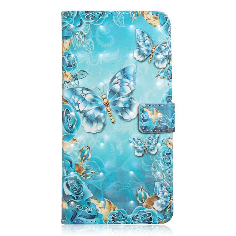 Leren Hoesje voor Xiaomi Redmi 7A Vlinders En Bloemen Op Een Blauwe Achtergrond