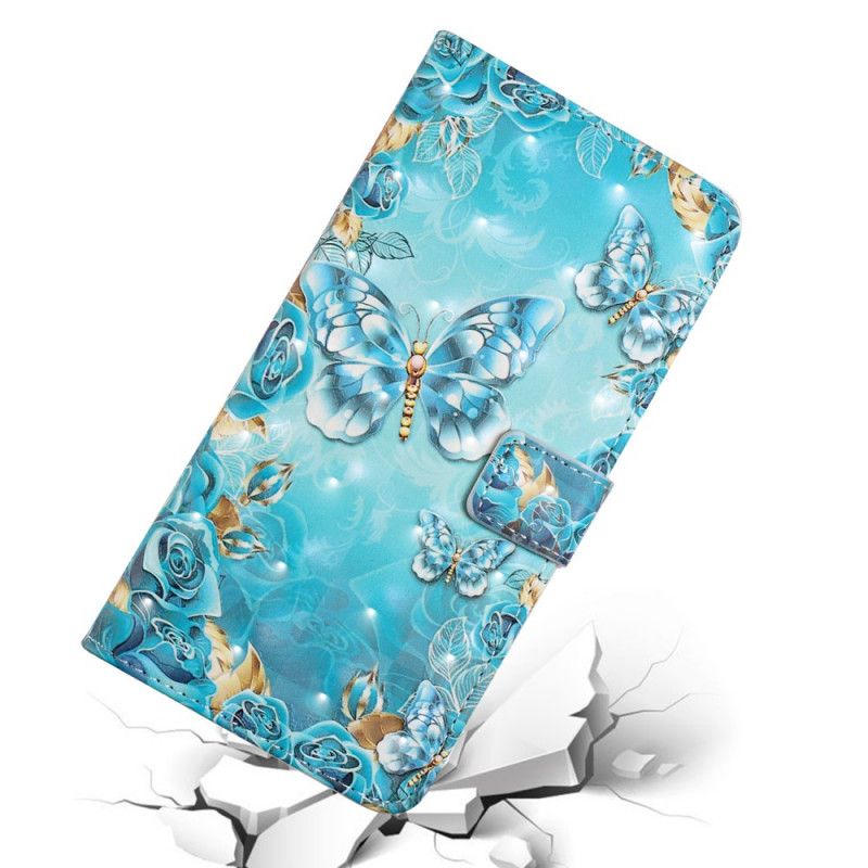 Leren Hoesje voor Xiaomi Redmi 7A Vlinders En Bloemen Op Een Blauwe Achtergrond