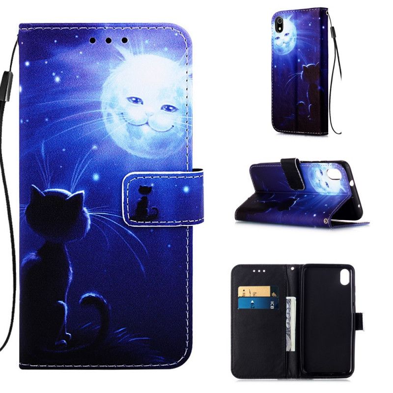 Leren Hoesje Xiaomi Redmi 7A Maanverlichte Kat Met String