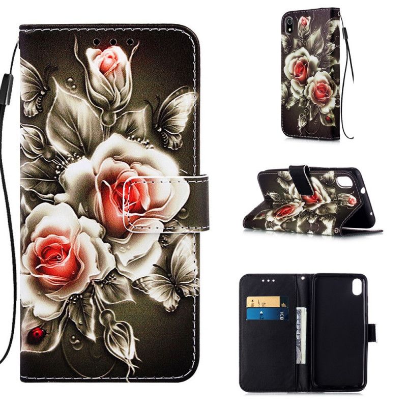 Leren Hoesje Xiaomi Redmi 7A Zwarte Roos Met Riempje
