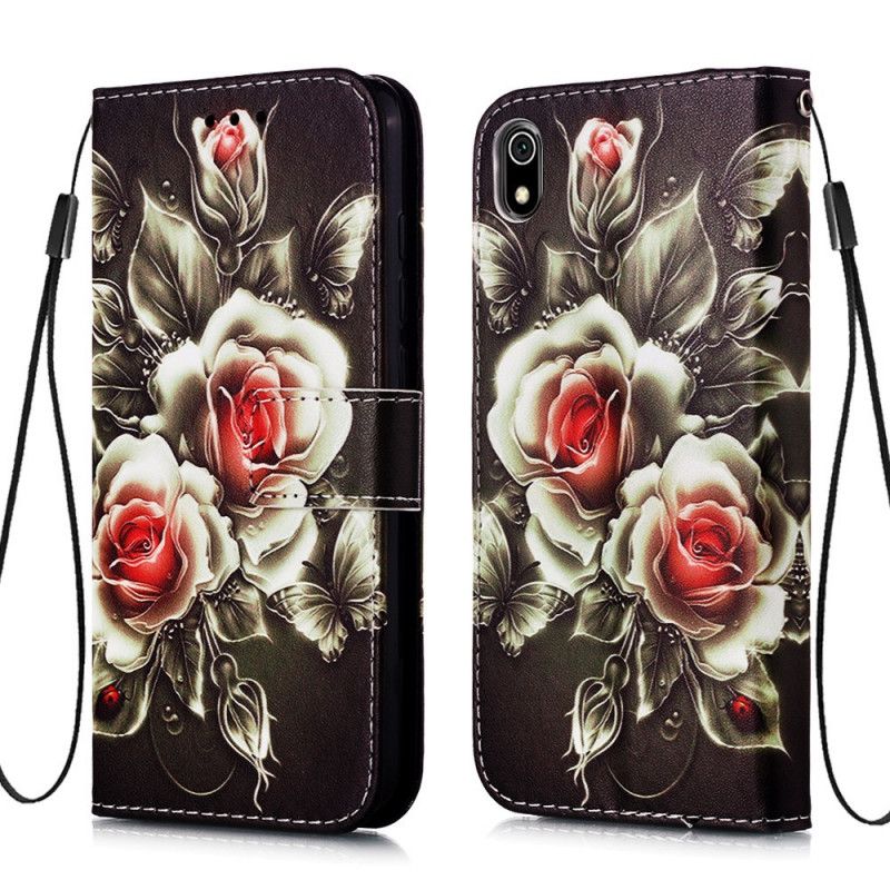 Leren Hoesje Xiaomi Redmi 7A Zwarte Roos Met Riempje