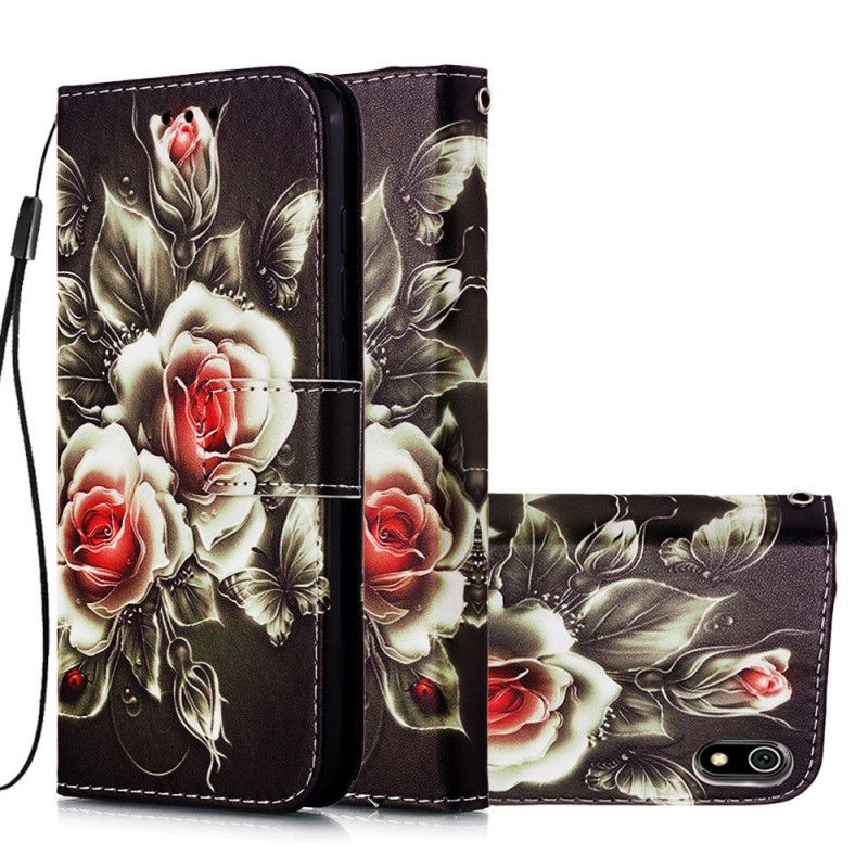 Leren Hoesje Xiaomi Redmi 7A Zwarte Roos Met Riempje