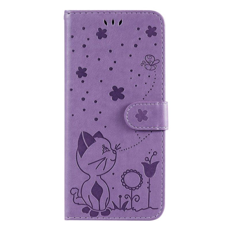 Folio-hoesje voor Realme C35 Met Ketting Kat Bloemen Bee Strappy