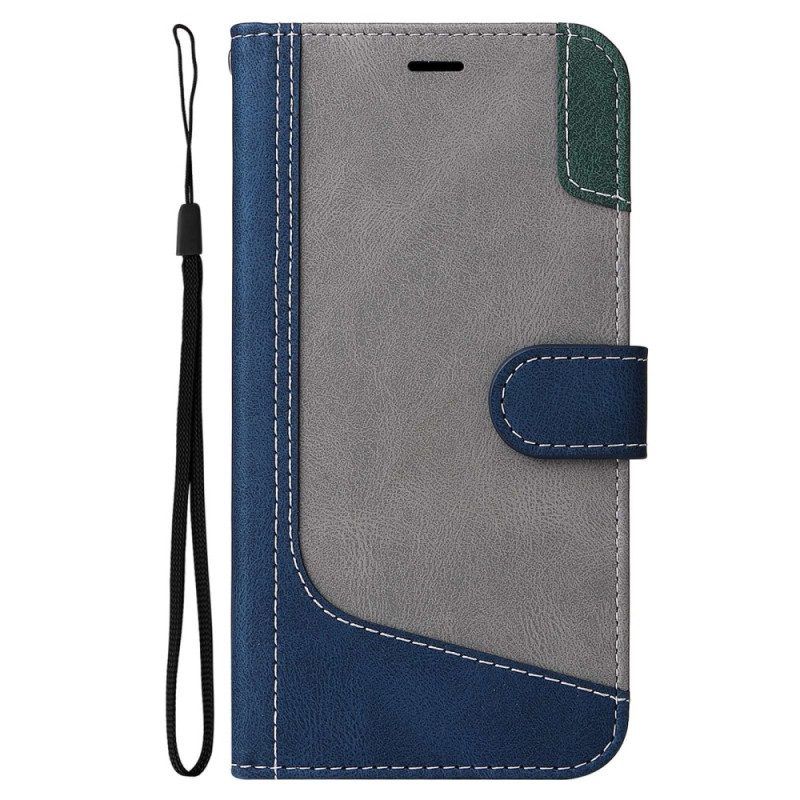 Leren Hoesje voor Realme C35 Met Ketting Driekleurig Leereffect Met Bandjes