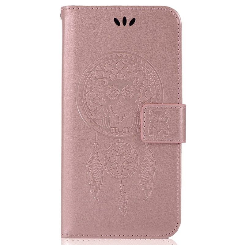 Folio-hoesje voor iPhone 14 Pro Met Ketting Uil Dromenvanger Met Riem