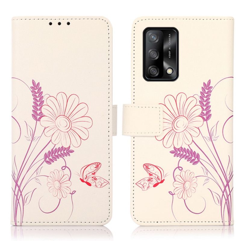 Leren Hoesje Oppo A74 4g Vlinders En Bloemen Tekenen