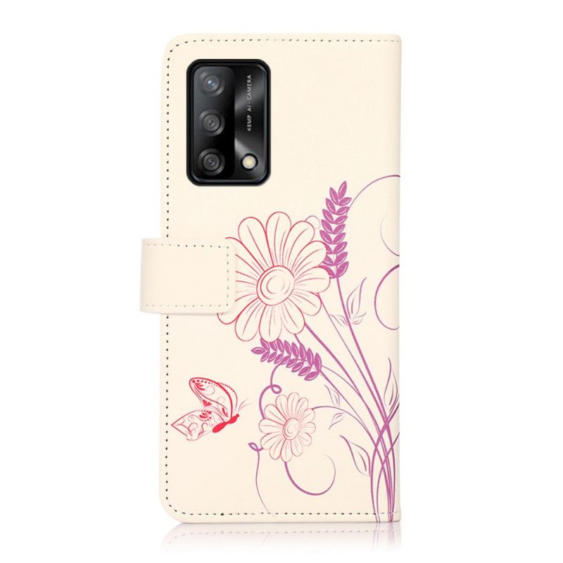 Leren Hoesje Oppo A74 4g Vlinders En Bloemen Tekenen