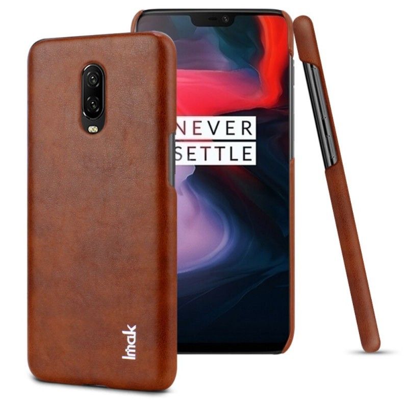 Case Hoesje OnePlus 6T Koffie Zwart Telefoonhoesje Imak Ruiyi Serie Leereffect