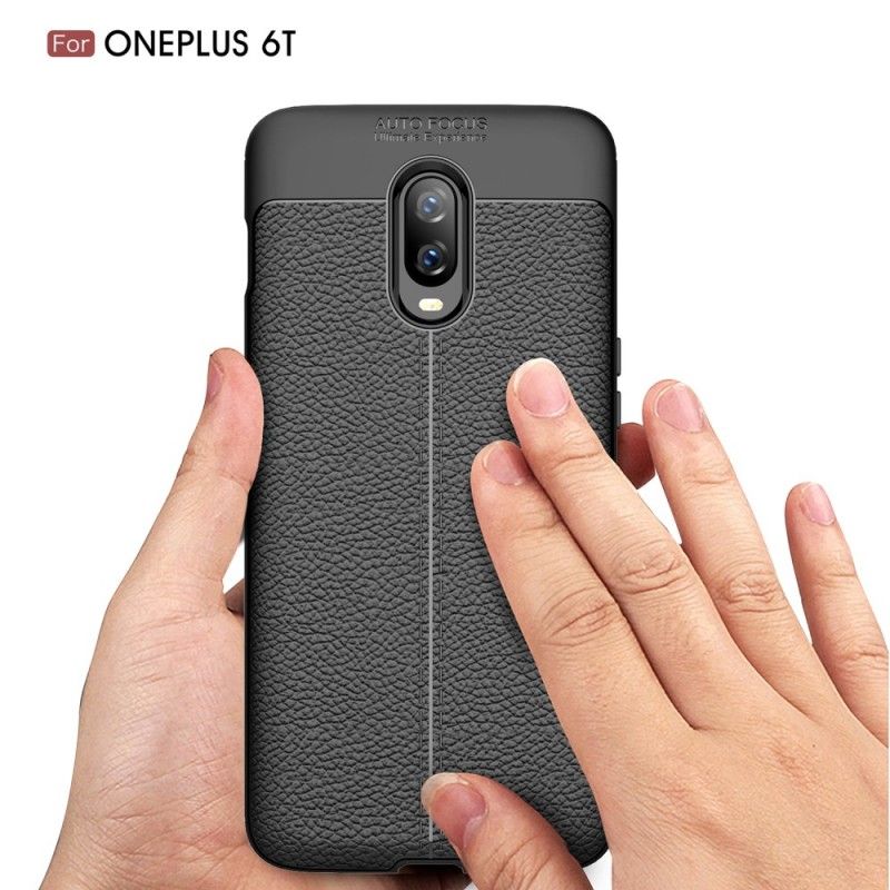 Cover Hoesje OnePlus 6T Rood Zwart Telefoonhoesje Dubbellijns Lychee Leereffect