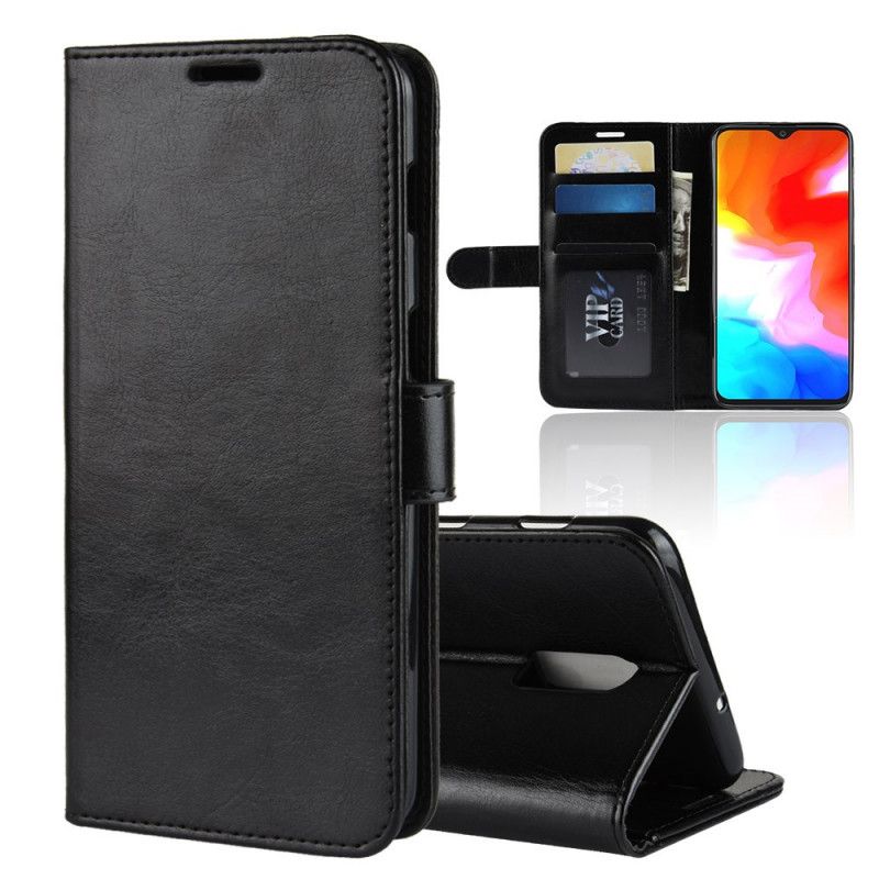 Flip Case Leren OnePlus 6T Wit Zwart Klassiek Kunstleer