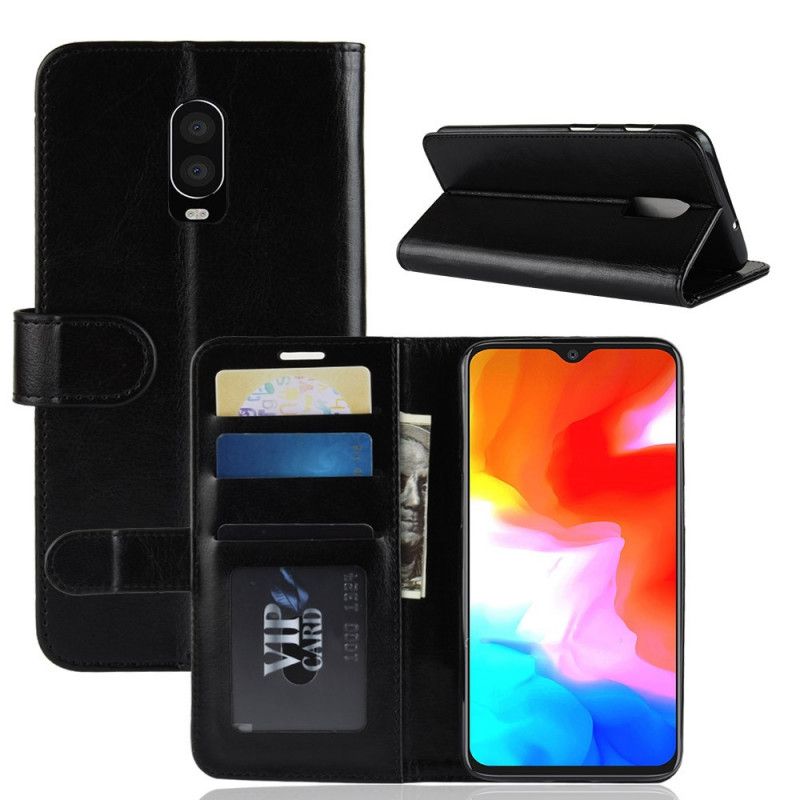 Flip Case Leren OnePlus 6T Wit Zwart Klassiek Kunstleer