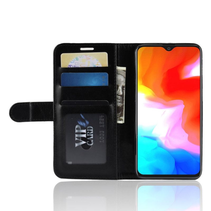 Flip Case Leren OnePlus 6T Wit Zwart Klassiek Kunstleer