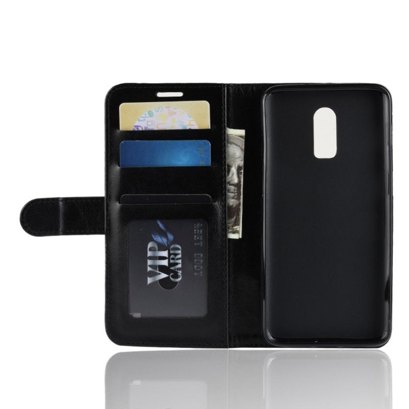 Flip Case Leren OnePlus 6T Wit Zwart Klassiek Kunstleer