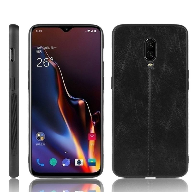 Hoesje OnePlus 6T Rood Zwart Stiksels In Leerstijl