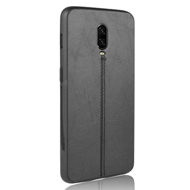 Hoesje OnePlus 6T Rood Zwart Stiksels In Leerstijl