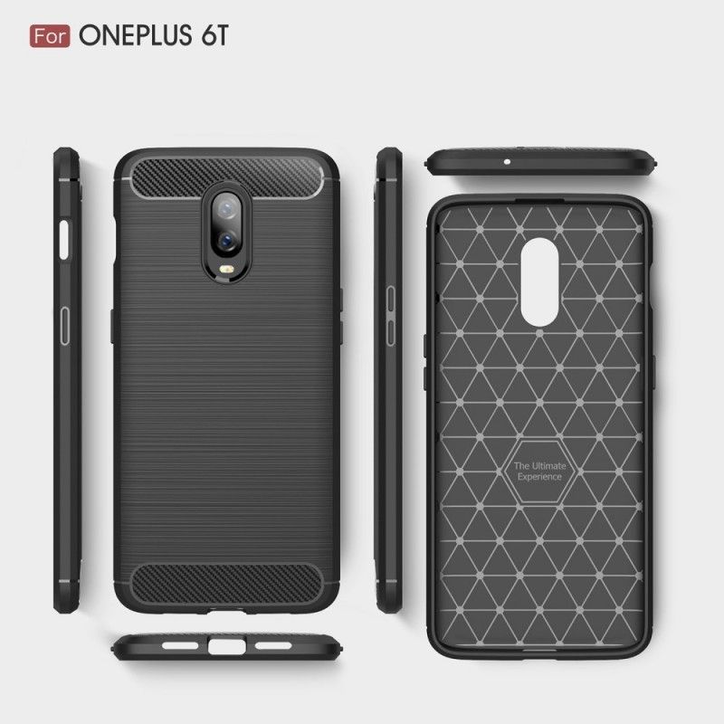 Hoesje voor OnePlus 6T Rood Zwart Geborsteld Koolstofvezel