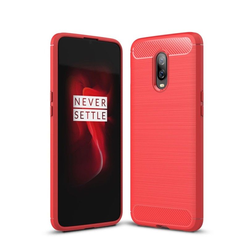 Hoesje voor OnePlus 6T Rood Zwart Geborsteld Koolstofvezel