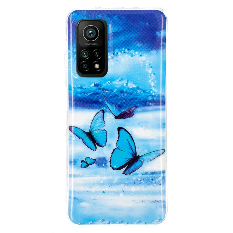 Hoesje voor Xiaomi Mi 10T / 10T Pro Lichtblauw Donkerblauw Serie Fluorescerende Vlinder