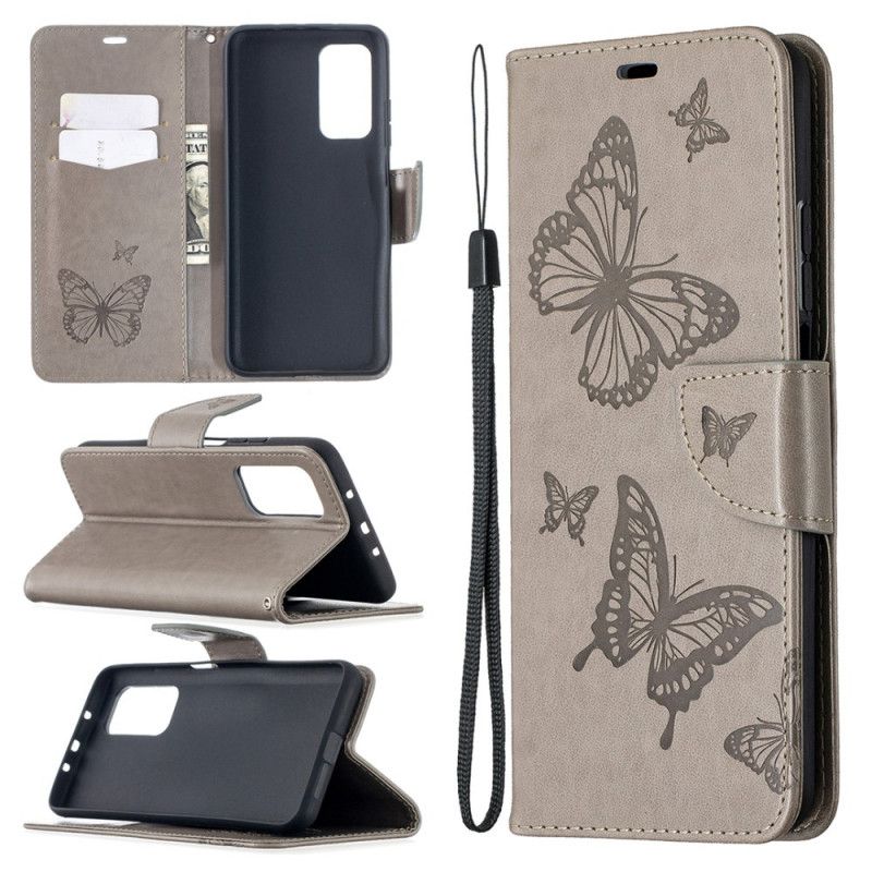 Leren Hoesje Xiaomi Mi 10T / 10T Pro Magenta Grijs Bedrukte Vlinders Met String