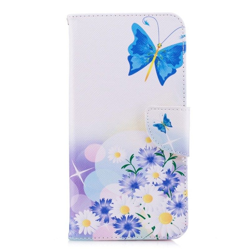 Flip Case Leren Huawei Y7 2018 Lichtblauw Geschilderde Vlinders En Bloemen