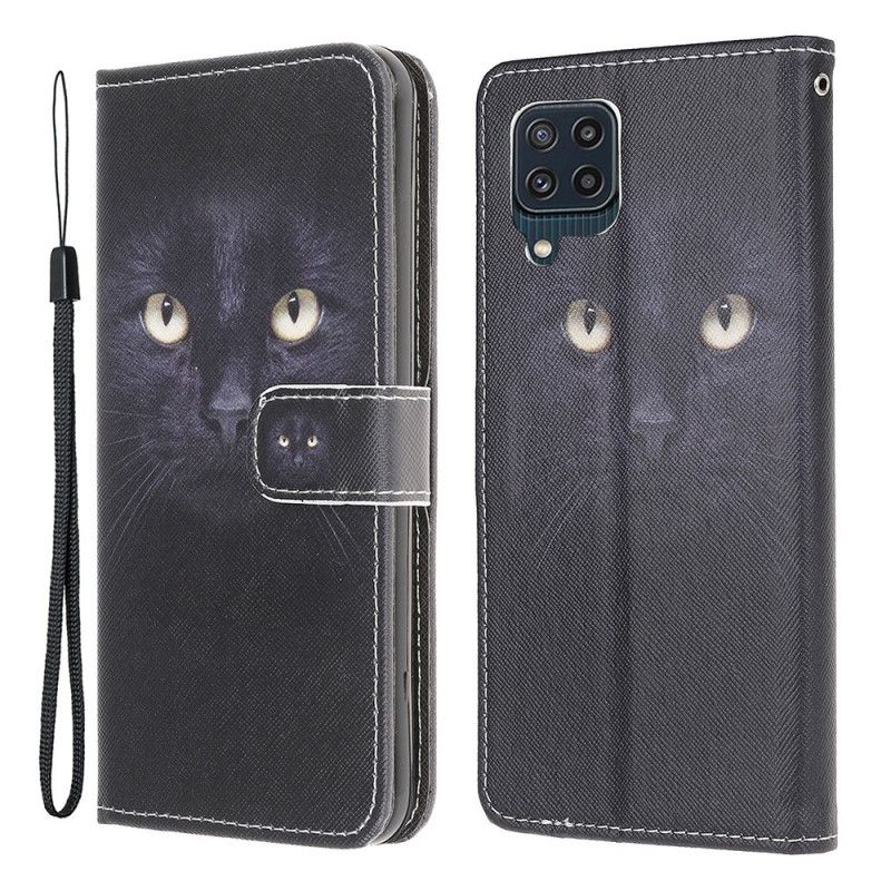 Leren Hoesje Samsung Galaxy M32 Kattenogen Met Zwarte Bandjes Bescherming Hoesje