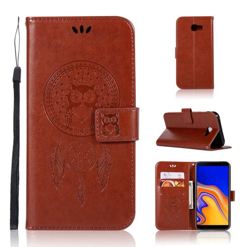 Flip Case Leren Samsung Galaxy J4 Plus Grijs Zwart Uil Dromenvanger Met Leereffect