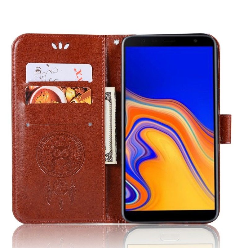 Flip Case Leren Samsung Galaxy J4 Plus Grijs Zwart Uil Dromenvanger Met Leereffect