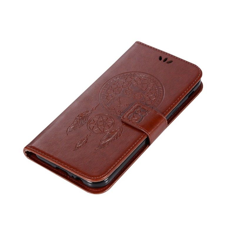 Flip Case Leren Samsung Galaxy J4 Plus Grijs Zwart Uil Dromenvanger Met Leereffect