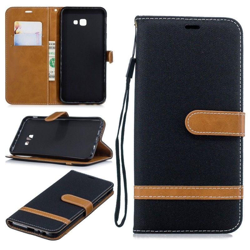 Leren Hoesje voor Samsung Galaxy J4 Plus Grijs Zwart Stof En Leereffect