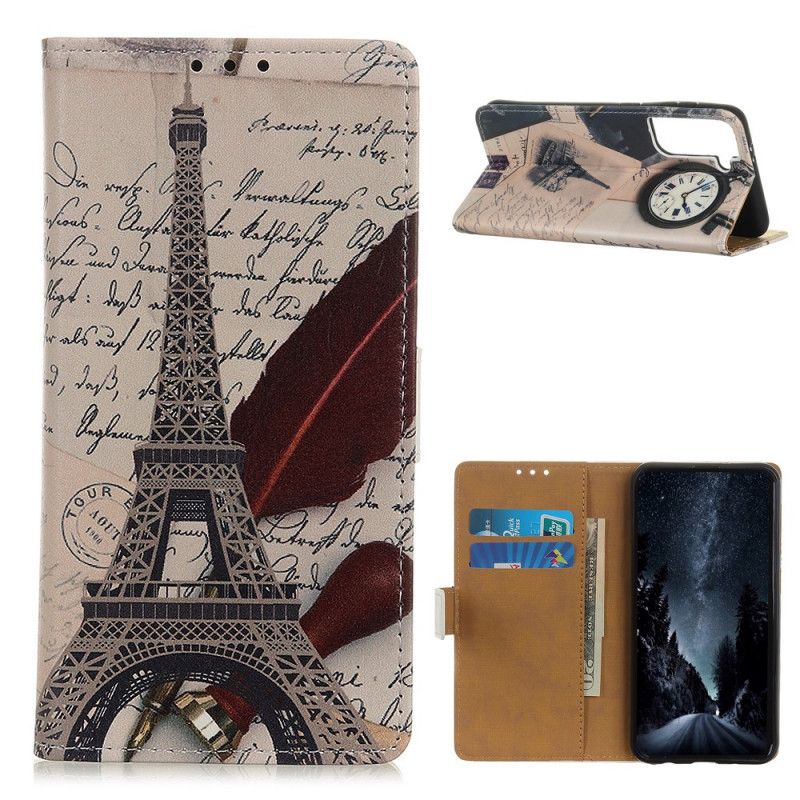 Bescherming Hoesje Samsung Galaxy S21 Plus 5G Bruin Grijs Eiffeltoren