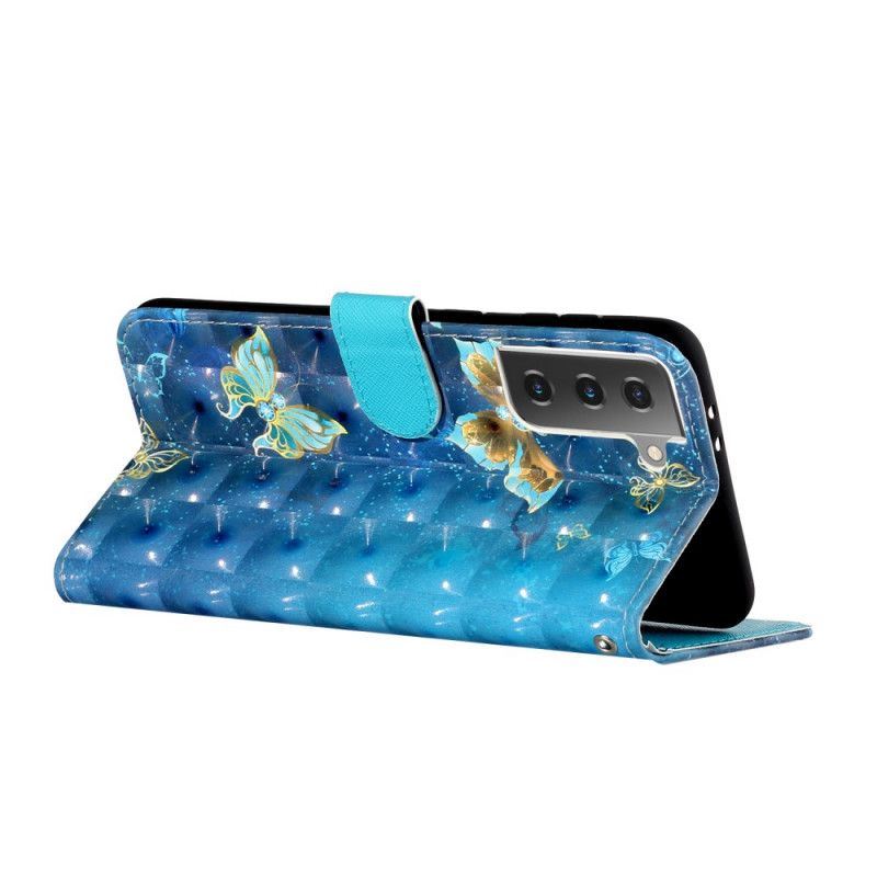 Cover Folio-hoesje Samsung Galaxy S21 Plus 5G Telefoonhoesje Lichtvlindervlinders Met Riempje