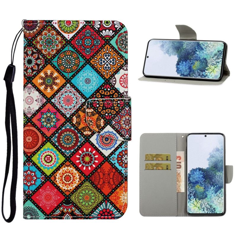 Flip Case Leren Samsung Galaxy S21 Plus 5G Patchwork Mandala'S Met String