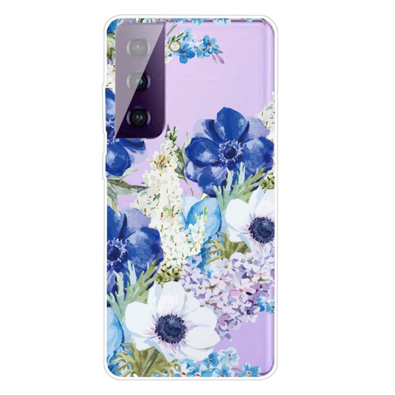 Hoesje Samsung Galaxy S21 Plus 5G Transparante Aquarelblauwe Bloemen