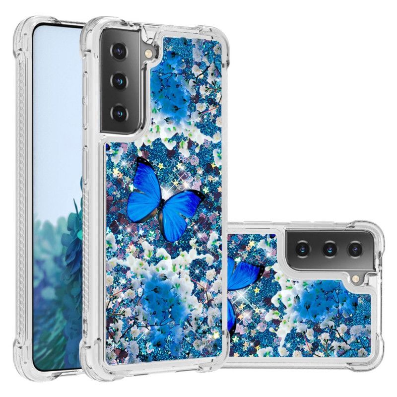 Hoesje voor Samsung Galaxy S21 Plus 5G Blauwe Glittervlinders