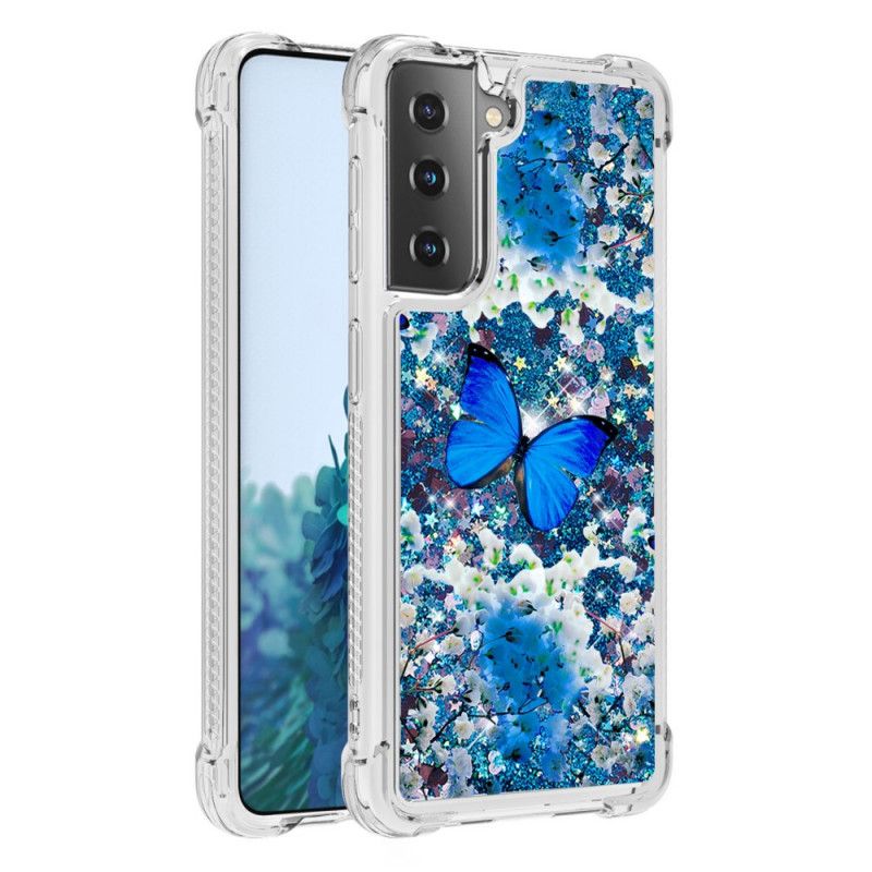 Hoesje voor Samsung Galaxy S21 Plus 5G Blauwe Glittervlinders