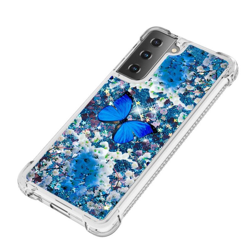 Hoesje voor Samsung Galaxy S21 Plus 5G Blauwe Glittervlinders