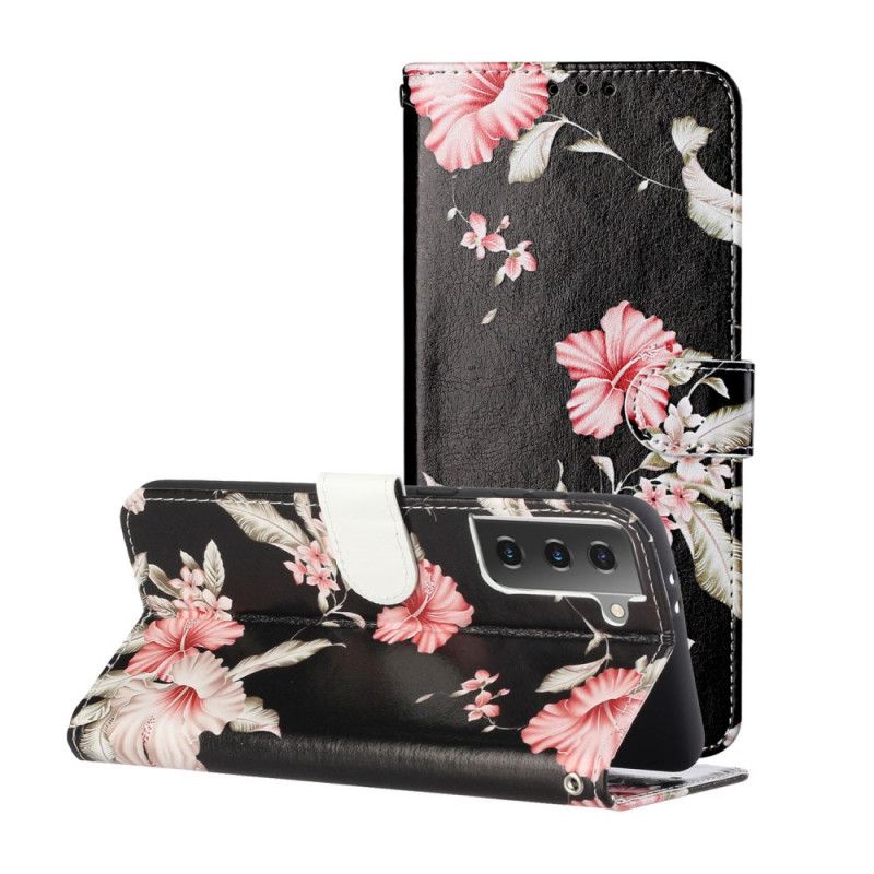 Leren Hoesje Samsung Galaxy S21 Plus 5G Lichtblauw Zwart Wilde Bloemen