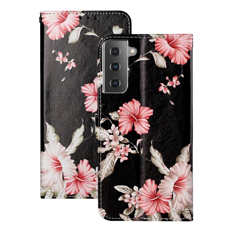 Leren Hoesje Samsung Galaxy S21 Plus 5G Lichtblauw Zwart Wilde Bloemen