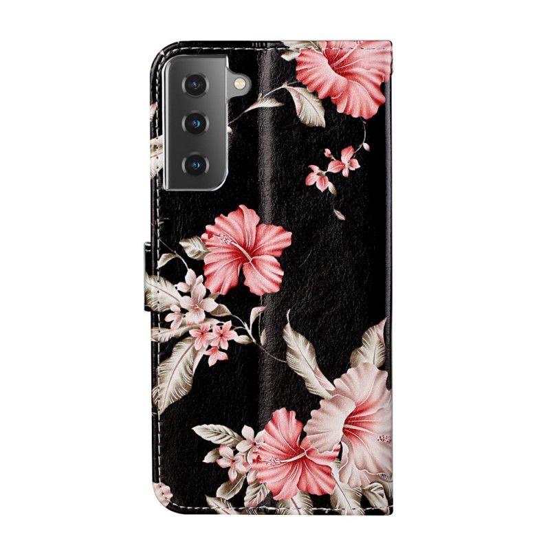 Leren Hoesje Samsung Galaxy S21 Plus 5G Lichtblauw Zwart Wilde Bloemen