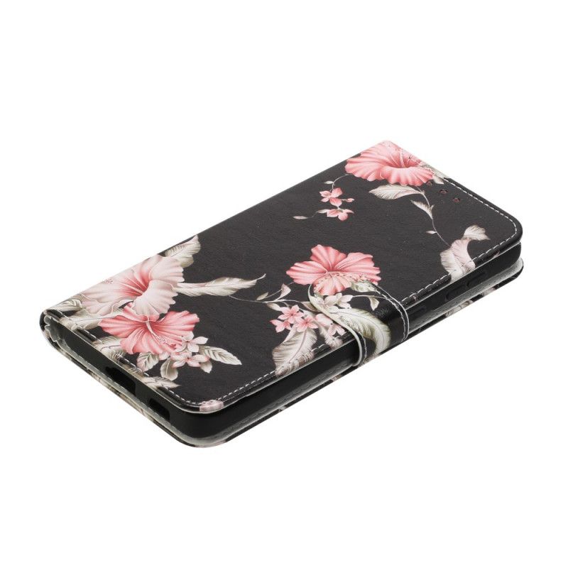 Leren Hoesje Samsung Galaxy S21 Plus 5G Lichtblauw Zwart Wilde Bloemen