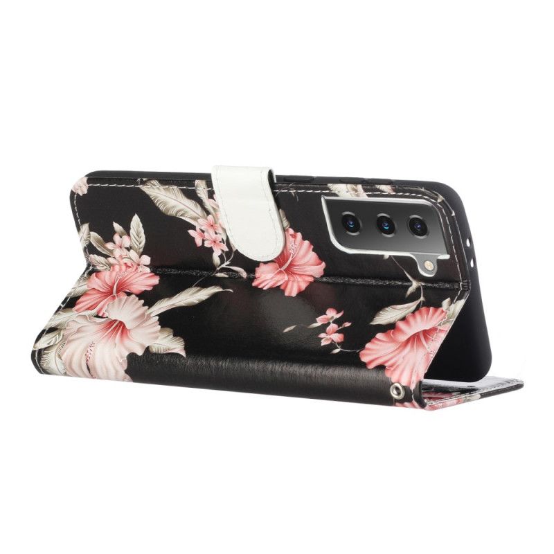 Leren Hoesje Samsung Galaxy S21 Plus 5G Lichtblauw Zwart Wilde Bloemen