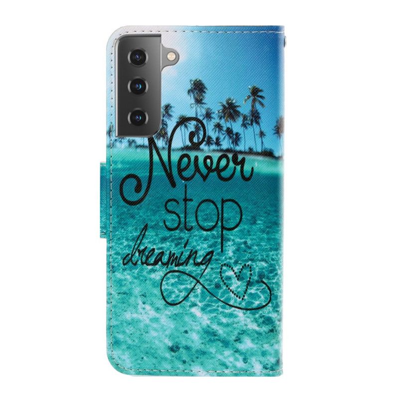 Leren Hoesje Samsung Galaxy S21 Plus 5G Stop Nooit Met Dromen Marine Met String