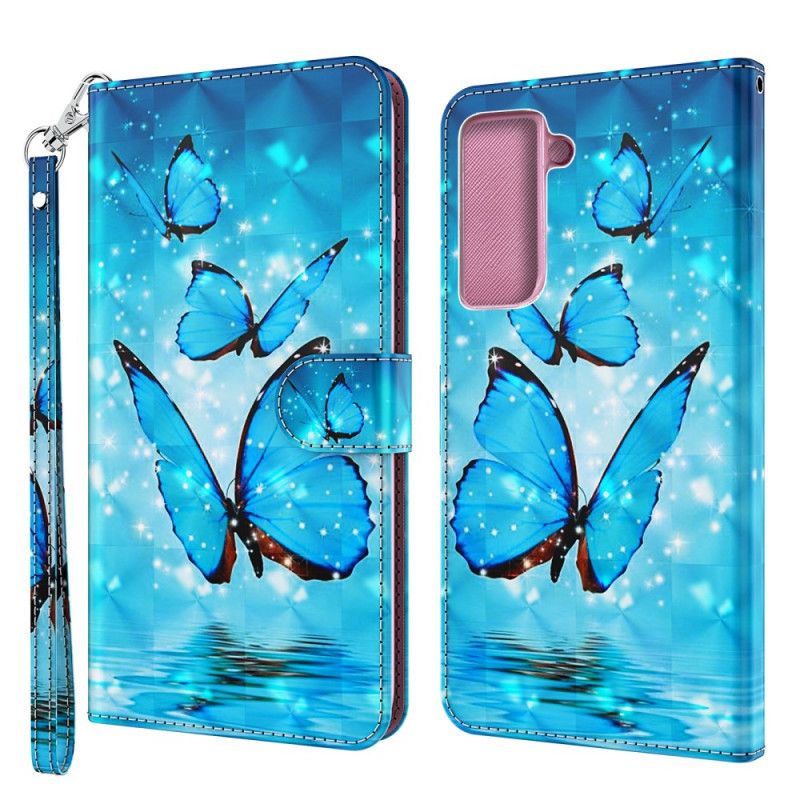 Leren Hoesje Samsung Galaxy S21 Plus 5G Vliegende Blauwe Vlinders